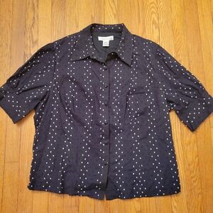 Silk Assets 2X Button Down Top Black White Clip Dot Cotton Short Sleeve Academia